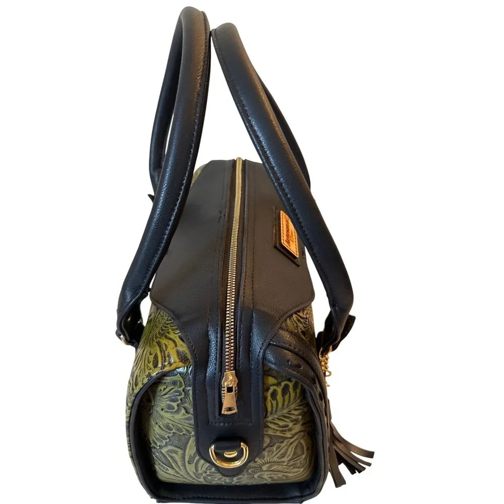 Tooled handmade olive green vegan‎ leather satchel shoulder handbag Women Large